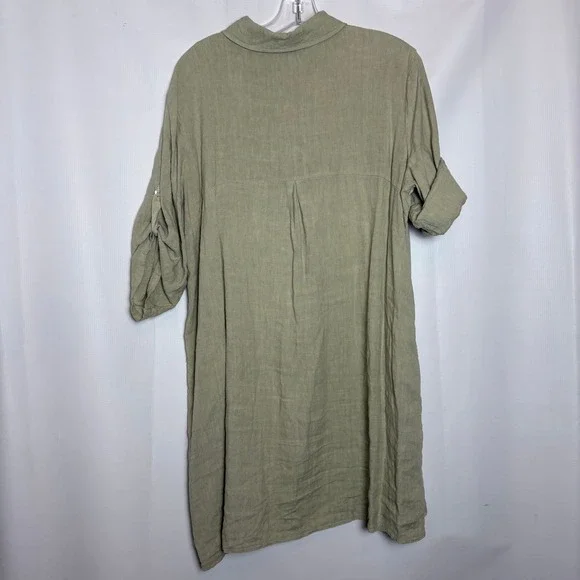 Elena Baldi Made in Italy Linen‎ Tunic Dress Shirt Khaki Green Size S Vacation - Picture 9 of 9